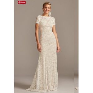 Short Sleeve Low Back Stretch Lace Wedding Dress, Davids Bridal